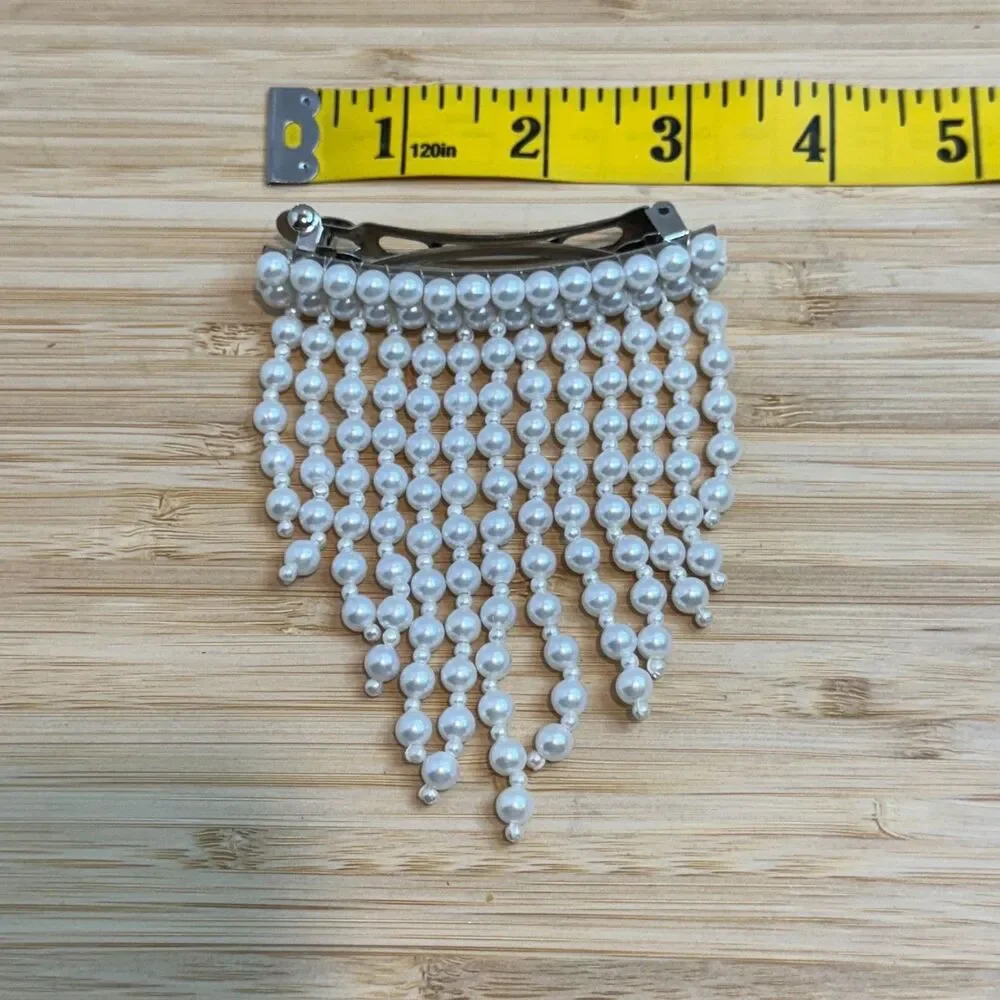 Pearl Fringe Hair Barrette White Faux Pearl Beaded Dangle French Clip Bridal